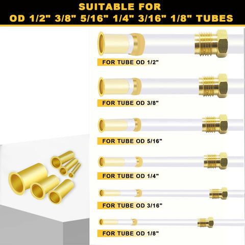 Brass compression tube inserts kit, 236 pcs, for OD 1/2 to 1/8 in tubes with ferrules (Siptenk/Amazon).