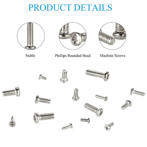 Massive 750 Piece Small Machine Screw Set M1.4 M1.6 M2 M2.5 M3 Phillips Pan Head Tiny Screws For Watch, Toy, And Electronics Repair Nickel Plated Carbon Steel Kit With 15 Sizes, 50 Pieces Each In Storage Bag scattered on white surface.