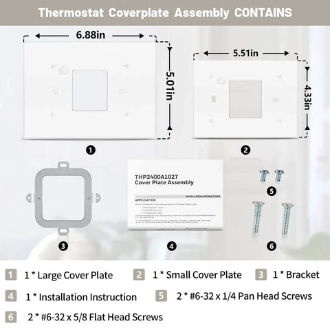 Thermostat Backplate And White Wall Mount Cover Plate For THP2400A1027W with bracket and screws, dimensions shown