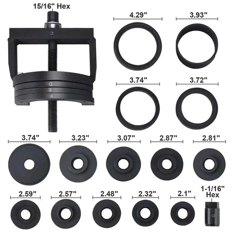 Ultimate Wheel Hub Removal Tool Set With C To U Sizes Front And Rear Wheel Bearing Remover And Installer Kit, 19-piece shown.