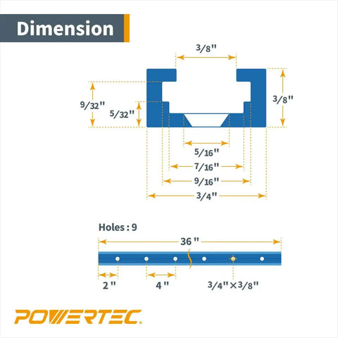 Dimensions of Double Cut 36 Inch Universal T Track With Predrilled Mounting Holes For Woodworking Jigs And Fixtures Set Of Two