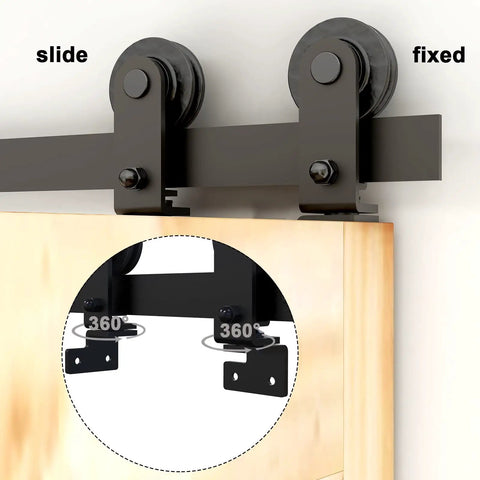 Heavy Duty Bi Folding Sliding Barn Door Hardware Kit For Two Doors 3 Foot Track 36 Inch Frosted Black Carbon Steel Rust Resistant Durable Hardware Kit Only No Door showing slide and fixed mounts.