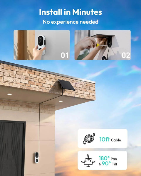 Wireless Solar Powered 2K Doorbell Camera With 180 Degree Head To Toe View, shown installed on a brick wall with solar panel.