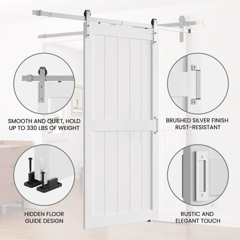 40 x 84 Inch Solid Wood Paneled Sliding Barn Door With Brushed Nickel Hardware, White Finish, Heavy Duty Track System