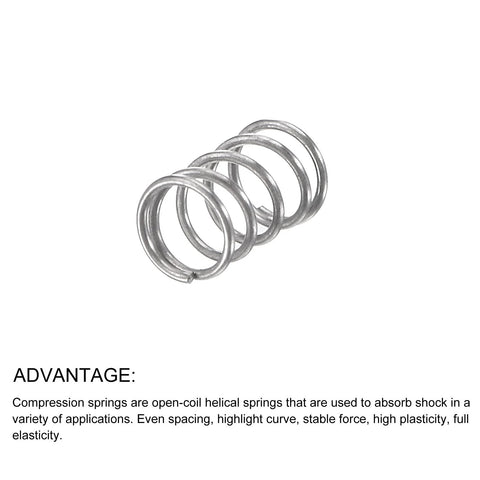 METALLIXITY compression springs, 0.3×3 mm OD, 5 mm free length, 10 pcs, 304 stainless steel, silver tone