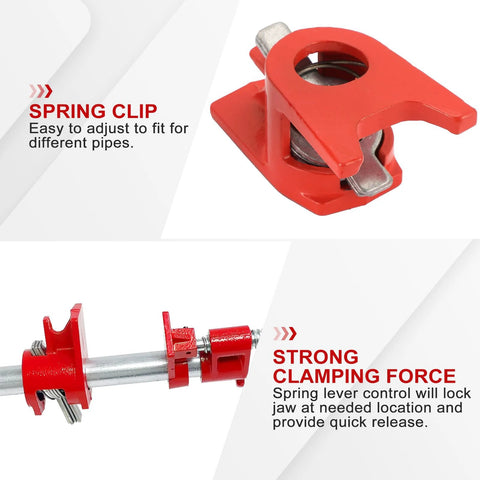 Red 3/4in wood gluing pipe clamp set with foot design, cast iron, quick-release, 6-piece for woodworking