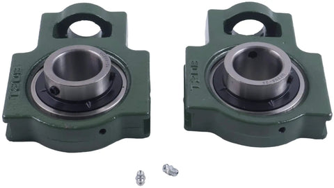 Two 1-1/2 Inch Pillow Block Take-Up Mounted Ball Bearings UCT208-24 UCST208-24 with visible shafts and screws