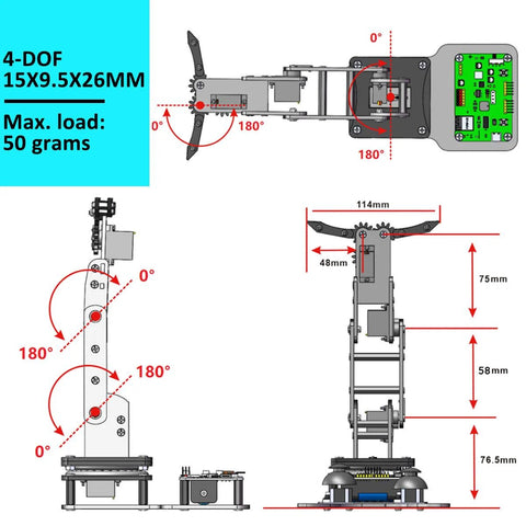 Robot arm kit SIYEENOVE ESP32 4DOF; ESP32 controller visible, multi-joint arm with base, 50 g max load.