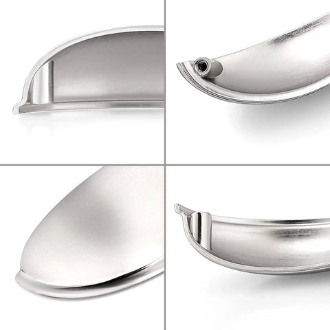 Close-up views of 10 Pack Brushed Nickel Cabinet Pulls Cup Style Drawer Handles And Knobs With 3 Inch Center To Center Holes For Kitchen Cabinets