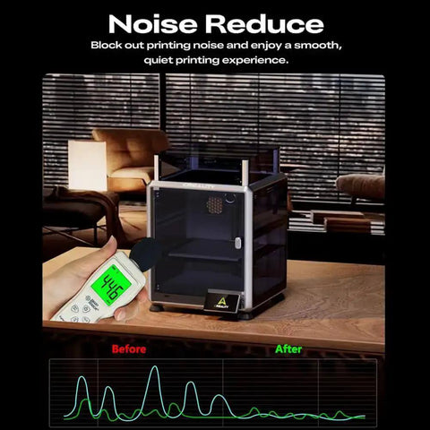 Noise reduction demonstration of K2 SE Transparent PC Enclosure with dustproof feature for K2 SE and K1 SE 3D printers.
