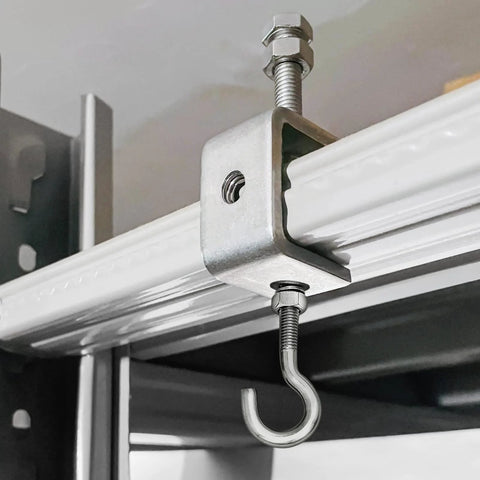 Mini tiger C-clamp on metal rail, 304 stainless steel, with threaded screw and curved mounting hook.