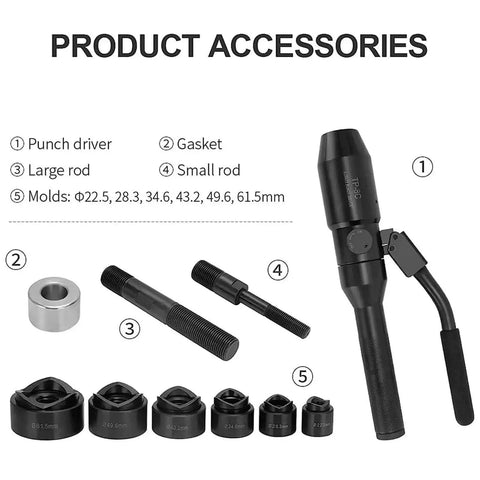 Heavy Duty Hydraulic Punch Tool Kit With 6 Die Holes Half Inch To Two Inch Metal Sheet Punch Portable Box Case 66KN Power Oil Free Sealing Easy Open And Release DIY Hole Punch For Metal Fabrication - accessories display