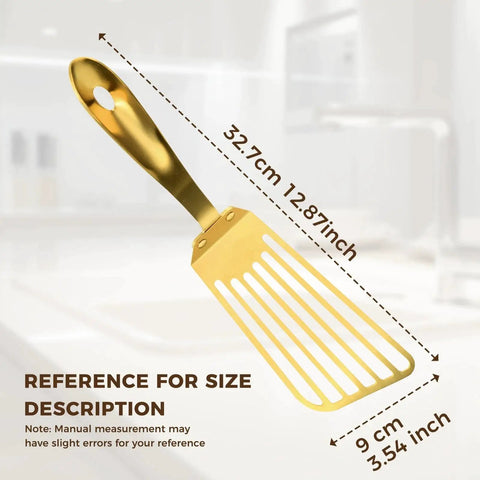 Gold high heat stainless steel slotted spatula with non-slip ergonomic handle, 32.7 cm long, for frying and turning.