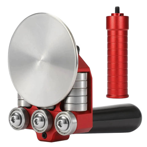 Sheet Metal Bender One Station Disc For 90 To 180 Degree Bends With Ergonomic Rotary Handle Delivers 0.59 To 1.18 Inch Curved Bends Works On Galvanized Iron Copper Aluminum And Stainless Steel Under 1mm Adjustable Roller Tool For Thin Sheet Metals, featuring a metal disc and red ergonomic handle.