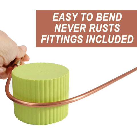 Copper brake line tubing kit, 25 ft, 3/16 in, hand-bendable with SAE fittings, looping around lime-green cap.