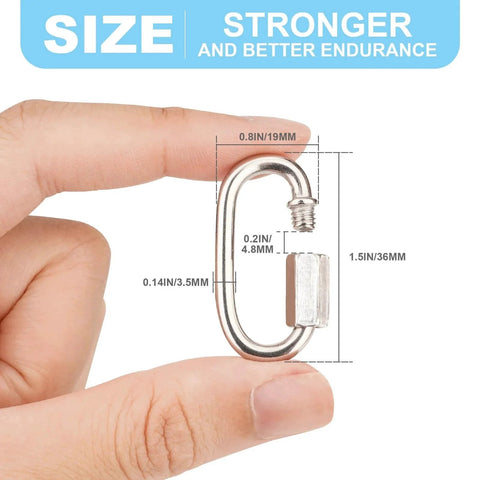 Hand holding a single 1.5-inch stainless steel quick link carabiner, detailed measurements annotated, part of 10 Pack 1.5 Inch 304 Stainless Steel Quick Links Locking Carabiner Chain Repair Links 175 Lbs Capacity for Outdoor Gear.