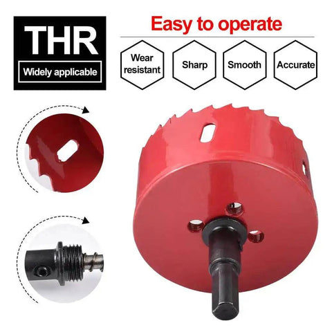 Close-up of a red bi-metal hole saw cutter with sharp teeth, labeled 'easy to operate,' part of the Bi Metal Hole Saw Set M42 HSS Ten Diameters 75mm Through 120mm.
