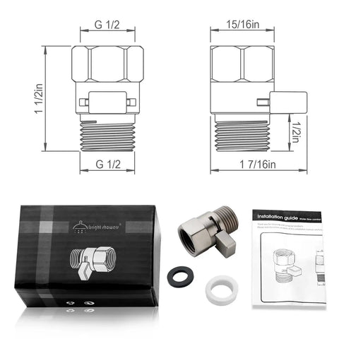 Shower Flow Control Valve With Brass Body And Handle Lever For Adjustable Water Volume And Brushed Nickel Finish shown with box and components