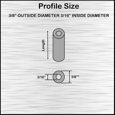 Lightweight aluminum spacer standoff with three eighths inch outer diameter and three sixteenths inch inner bore, unthreaded round profile.