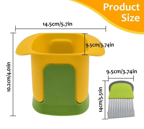 Crinkle Wave French Fry Cutter With Stainless Steel Blade Hand Powered Vegetable Chopper For Potatoes Cucumbers Carrots Onions And Fruits Quick Even Fries 0.47 Inch Cut Perfect for Home Kitchens HONSNKS in yellow and green, dimensions shown in inches and centimeters.