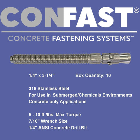 316 Stainless Steel Wedge Anchor One Quarter Inch By Three And A Quarter Inch For Concrete And Masonry, Rust And Corrosion Resistant Fastener shown on packaging.