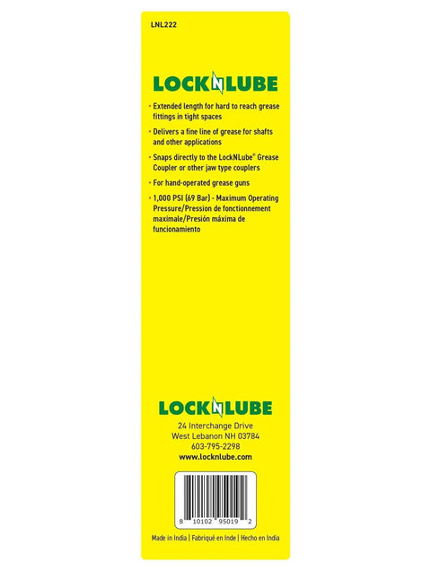 Narrow Needle Greasing Adapter XL For Hand Operated Grease Guns By LockNLube packaging, yellow background, product details.