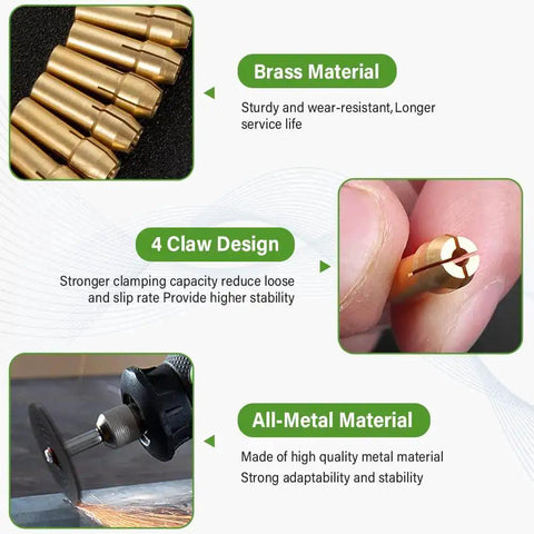 15 Piece Drill Chuck Collet Kit for Rotary Tools 0.8 To 3.2mm Shank details, brass material, 4 claw design, all-metal