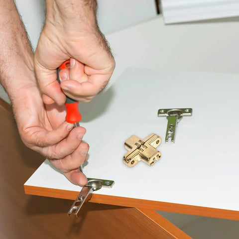 Installation of Hidden Cross Hinge Set Four Pcs Alloy Invisible Cabinet Door Hinges 1.64 by 1.3 Inches Silent Concealed Mount.