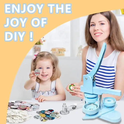 Light blue 58mm button maker machine with lever; DIY badge press kit with circle cutter and parts on a table.