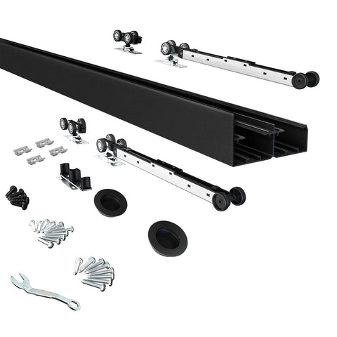 Built To Last Bypass Closet Door Hardware With Soft Close Mechanism For Double Doors 5ft Track System, black finish components shown