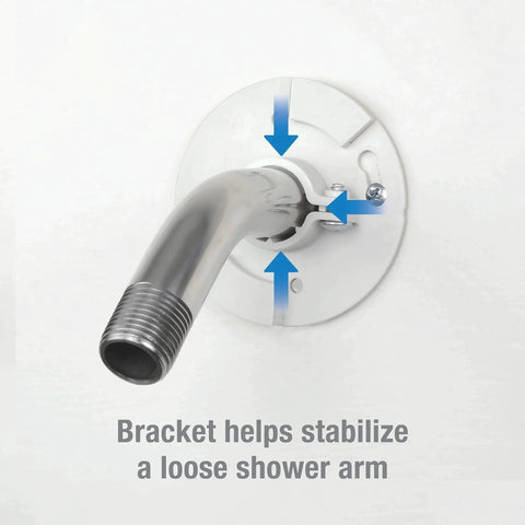 Shower Arm Stabilizer Bracket With Flange Cover Chrome Finish for Wobbly Shower Arms installed on wall with stabilizing arrows