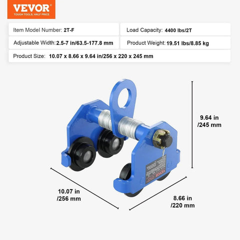Manual Trolley for I Beams 2 Ton Load Capacity 4400 Lbs Dual Wheels Adjustable 2.5 to 7 Inches Flange Width, blue side view