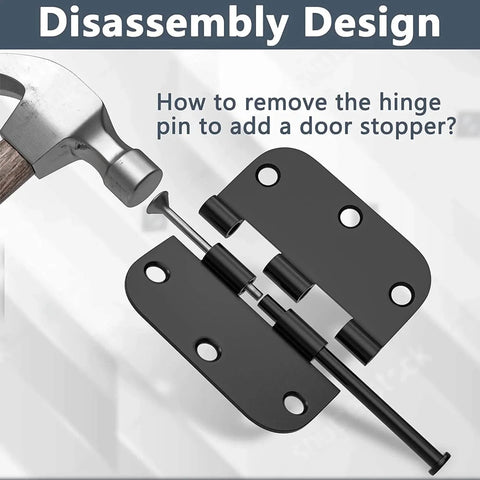 Door Hinges 3 Pack 3.5 Inch Interior Hinges With Five Eighths Radius Matte Black Steel Heavy Duty 3.5 By 3.5 Inches With Six Holes And Rounded Corners Suitable For Most Interior Residential Doors Durable Black Hardware Ideal For Bathroom Bedroom And hammer showing hinge pin removal