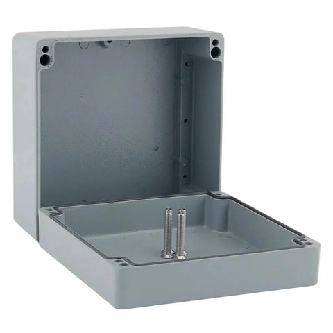 Industrial Grade IP66 Cast Aluminum Junction Box For Outdoor Electronics Projects With Included Mounting Plate And Easy Hinged Cover Latches Bombproof Explosion Proof Enclosure Case Weatherproof Built To Handle The Elements 120x80x55. Open view of the box displaying interior and screws.
