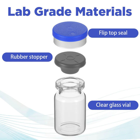 Sibba 10-pack 5ml clear glass injection vials with blue flip-top caps and gray rubber stoppers