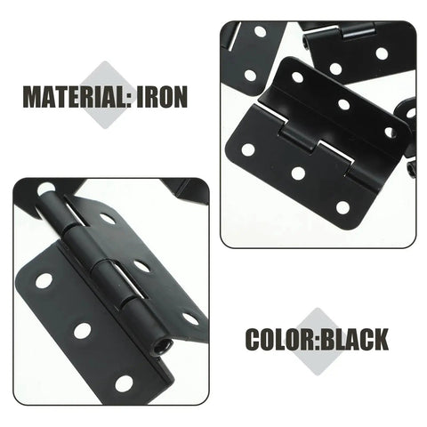Close-up view of black heavy duty iron cabinet hinges, 10 piece pack for doors and cabinets, rust resistant box hinges replacements.