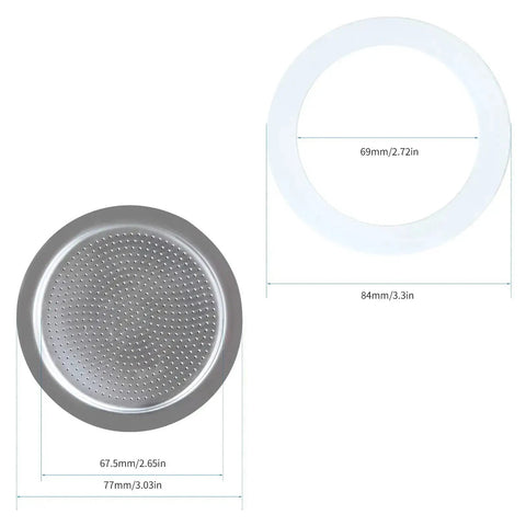 Stovetop Espresso Maker Replacement Gasket Seals And Stainless Filter Screen For 12 Cup Moka Pot Includes Two FDA Grade Silicone Gaskets And One Stainless Steel Filter Dishwasher Safe Silver Finish. Measurements are 77mm for the filter and 84mm for the gasket.