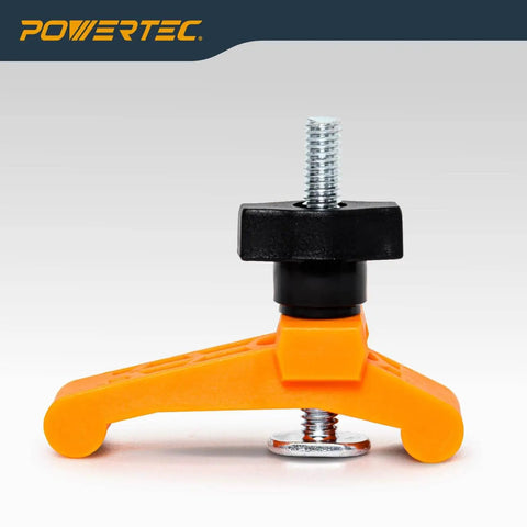 Orange mini clamp with black thumb knob, metal bolt, Two Pack Mini Hold Down Clamps For T Track Systems Three And A Quarter Inch Long