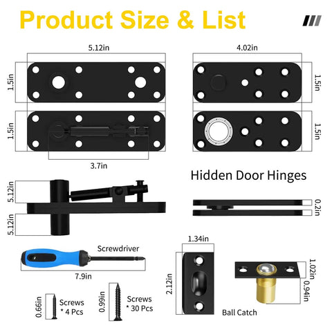 Dimensional diagram of Heavy Duty Hidden Door Hinge With 600Lb Load Bearing And 360 Degree Pivot For Secret Doors with screws and tools.