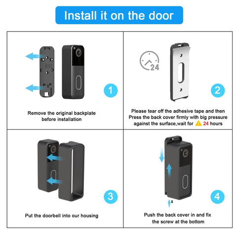Installation steps for adhesive mount for second gen video doorbell no drill mounting bracket with 360 degree protection.