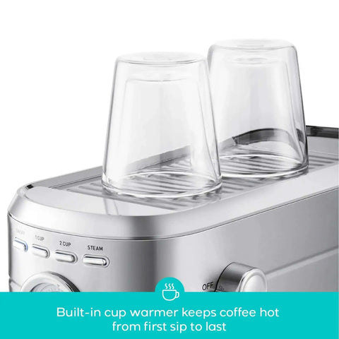 Top view of Compact 20 Bar Espresso Machine With Steam Milk Frother showing built-in cup warmer with two glasses