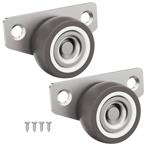 Mini Side Mount Casters 1.25 Inch Low Profile Rigid Non Swivel Rubber Wheels for sliding doors, drawers, and cabinets, shown in a 2-pack with mounting screws.