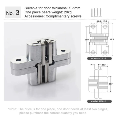 Heavy Duty Ball Bearing Door Hinges 180 Degree Concealed Folding Hinge Built In Silent Stainless Steel For Interior And Exterior Doors, Invisible Hidden Cross Design, Durable For Residential And Commercial Use Gemel with complimentary screws.