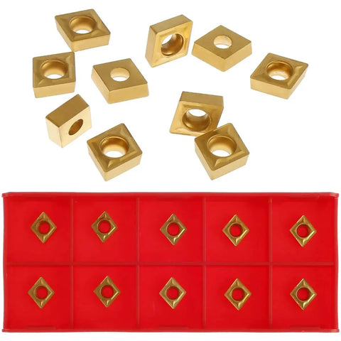 Gold carbide inserts from Pro Grade 14 Piece Mini Metal Lathe Tool Set, includes 10 CCMT060204 pieces, red storage case shown.