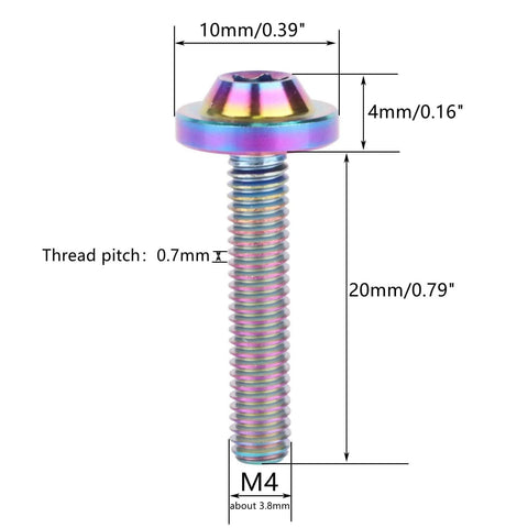 4 Pack Titanium M4x20mm Button Torx Head Bolts For Bicycle And Motorcycle, Rainbow Finish, Ultra Lightweight 6AL4V Alloy