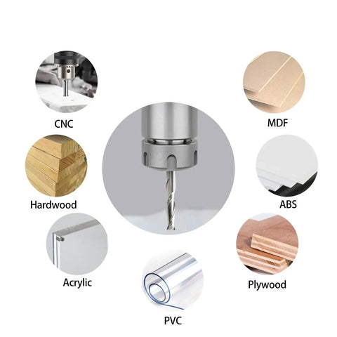 Close-up of CNC router bit for Set Of Ten Pro Grade CNC Router Bits One Eighth Inch Shank One Sixteenth Inch Cutting Diameter Flat Nose Carbide End Mills Two Flute Spiral Upcut For Wood PVC MDF Hardwood Engraving Milling And Slotting Projects with material compatibility.