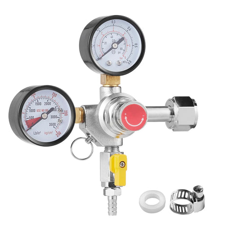 Front view of dual-gauge CO2 regulator for draft beer, 0–60 psi gauges, red adjustment knob, CGA320 connection.