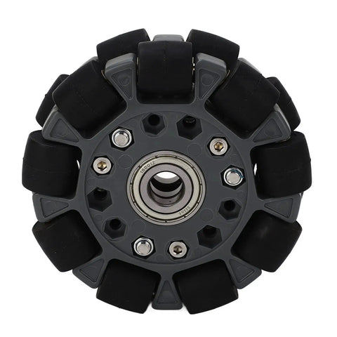 Front view of Omni Wheel For Robots 100 Mm 360 Degree Omnidirectional Wheel For Drive Systems, showing central axis and rubber rollers.