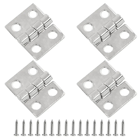 Mini Brass Hinges Set For Dollhouse Furniture And Jewelry Boxes 100 Pieces 10mm By 8mm 180 Degree Silver Tone with screws visible