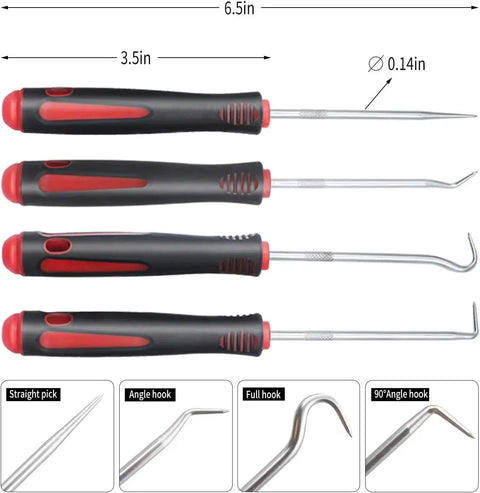 4-piece hook and pick set showing various angled tips for 6.5 Inch 4 Piece Hook And Pick Set With Comfort Grip And Anti Slip Shaft For Oil Seal And Gasket Removal.